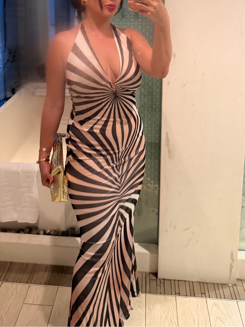 Reiss Black and Cream Halter Maxi Dress with Graphic Swirl